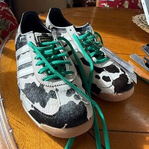 Adidas Black and White Cow Print Shoes with Green Laces